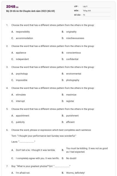 Bộ 20 đề ôn thi Chuyên Anh năm 2023 (Đề 69)