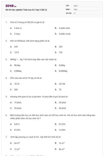 Đề thi trắc nghiệm Toán học kì 2 lớp 5 (Đề 2)