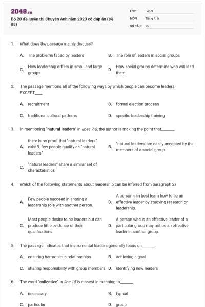 Bộ 20 đề luyện thi Chuyên Anh năm 2023 có đáp án (Đề 88)