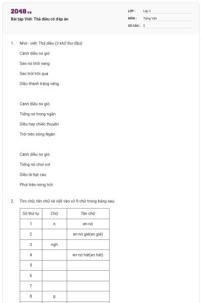 Bài tập Viết: Thả diều có đáp án