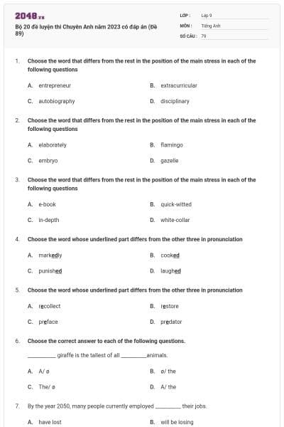 Bộ 20 đề luyện thi Chuyên Anh năm 2023 có đáp án (Đề 89)
