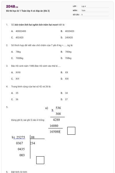 Đề thi học kì 1 Toán lớp 4 có đáp án (Đề 3)
