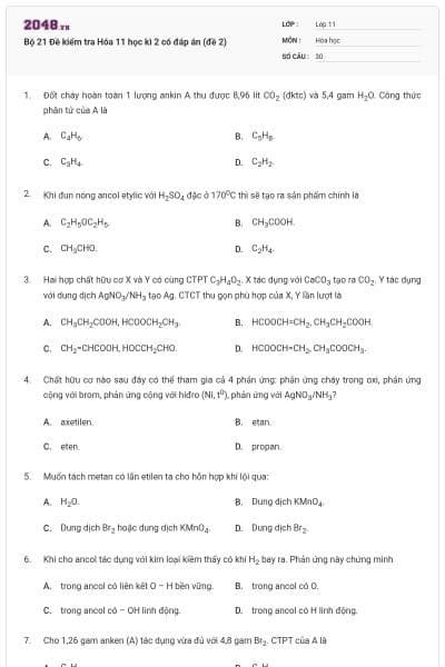 Bộ 21 Đề kiểm tra Hóa 11 học kì 2 có đáp án (đề 2)