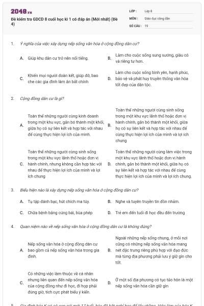 Đề kiểm tra GDCD 8 cuối học kì 1 có đáp án (Mới nhất) (Đề 4)