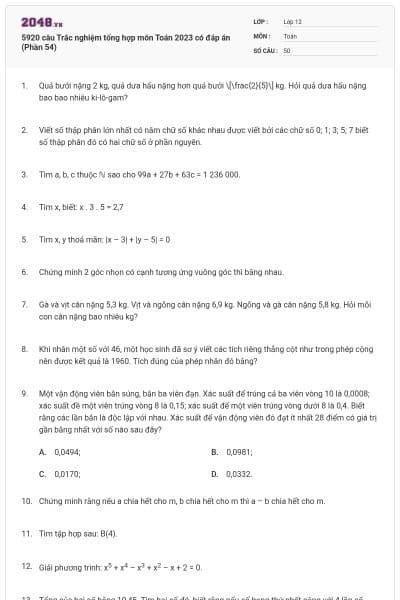 5920 câu Trắc nghiệm tổng hợp môn Toán 2023 có đáp án (Phần 54)