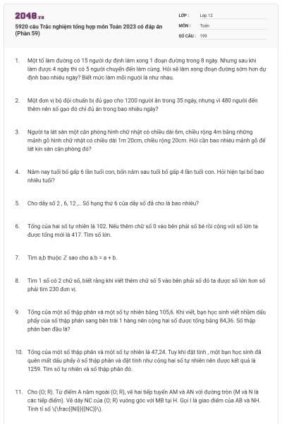 5920 câu Trắc nghiệm tổng hợp môn Toán 2023 có đáp án (Phần 59)