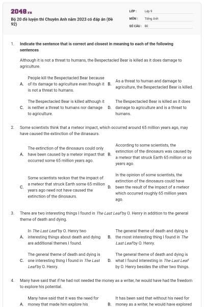 Bộ 20 đề luyện thi Chuyên Anh năm 2023 có đáp án (Đề 92)