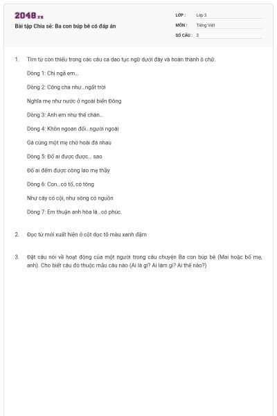 Bài tập Chia sẻ: Ba con búp bê có đáp án