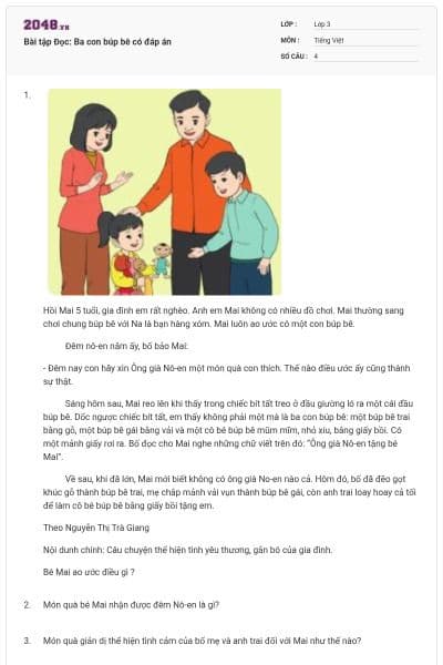 Bài tập Đọc: Ba con búp bê có đáp án