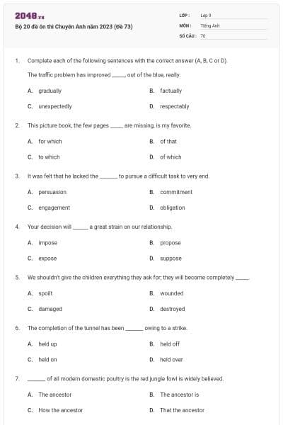 Bộ 20 đề ôn thi Chuyên Anh năm 2023 (Đề 73)