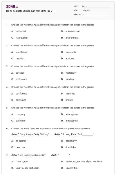 Bộ 20 đề ôn thi Chuyên Anh năm 2023 (Đề 74)