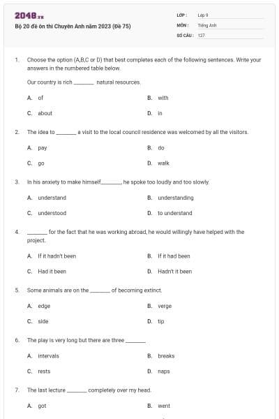 Bộ 20 đề ôn thi Chuyên Anh năm 2023 (Đề 75)