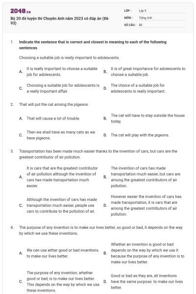 Bộ 20 đề luyện thi Chuyên Anh năm 2023 có đáp án (Đề 93)