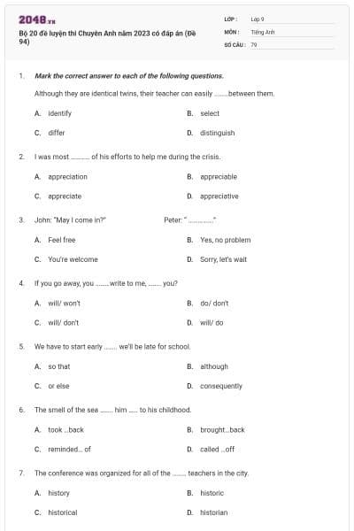 Bộ 20 đề luyện thi Chuyên Anh năm 2023 có đáp án (Đề 94)