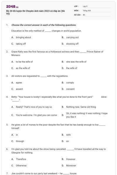 Bộ 20 đề luyện thi Chuyên Anh năm 2023 có đáp án (Đề 95)