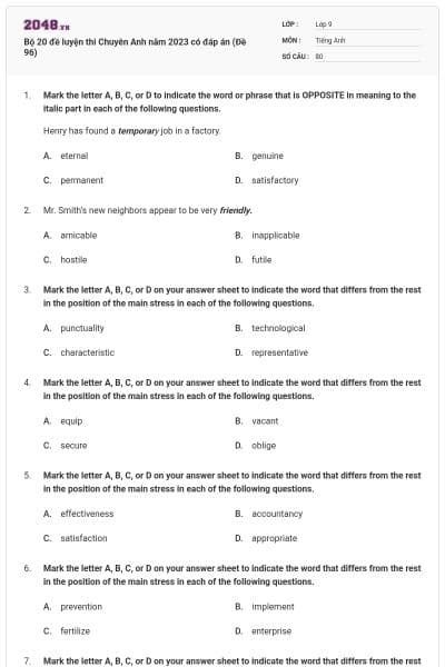 Bộ 20 đề luyện thi Chuyên Anh năm 2023 có đáp án (Đề 96)