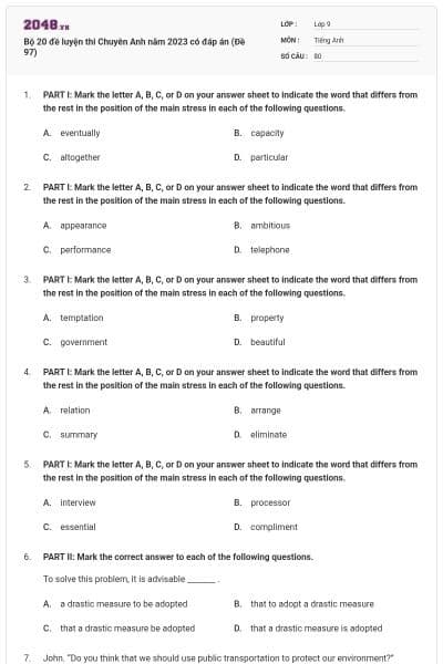 Bộ 20 đề luyện thi Chuyên Anh năm 2023 có đáp án (Đề 97)