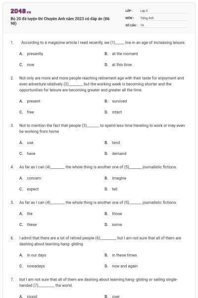 Bộ 20 đề luyện thi Chuyên Anh năm 2023 có đáp án (Đề 98)