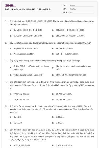 Bộ 21 Đề kiểm tra Hóa 11 học kì 2 có đáp án (đề 3)