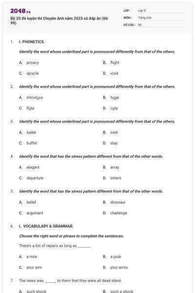 Bộ 20 đề luyện thi Chuyên Anh năm 2023 có đáp án (Đề 99)