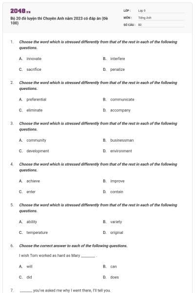 Bộ 20 đề luyện thi Chuyên Anh năm 2023 có đáp án (Đề 100)