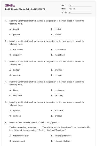 Bộ 20 đề ôn thi Chuyên Anh năm 2023 (Đề 79)