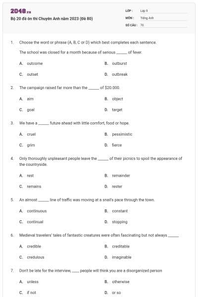 Bộ 20 đề ôn thi Chuyên Anh năm 2023 (Đề 80)
