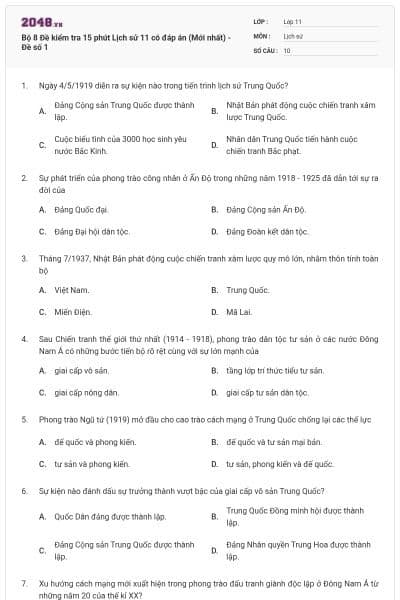 Bộ 8 Đề kiểm tra 15 phút Lịch sử 11 có đáp án (Mới nhất) - Đề số 1