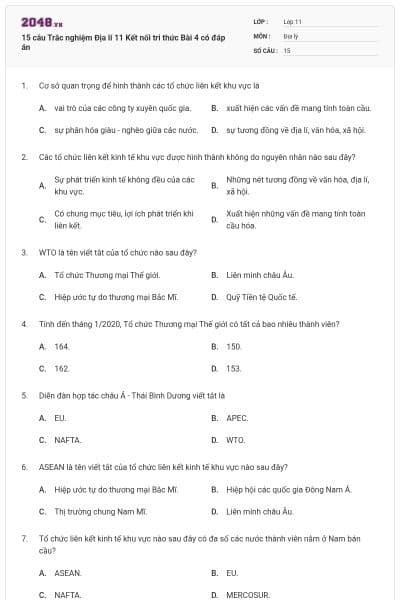 15 câu Trắc nghiệm Địa lí 11 Kết nối tri thức Bài 4 có đáp án