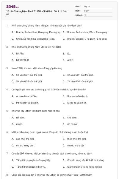 15 câu Trắc nghiệm Địa lí 11 Kết nối tri thức Bài 7 có đáp án