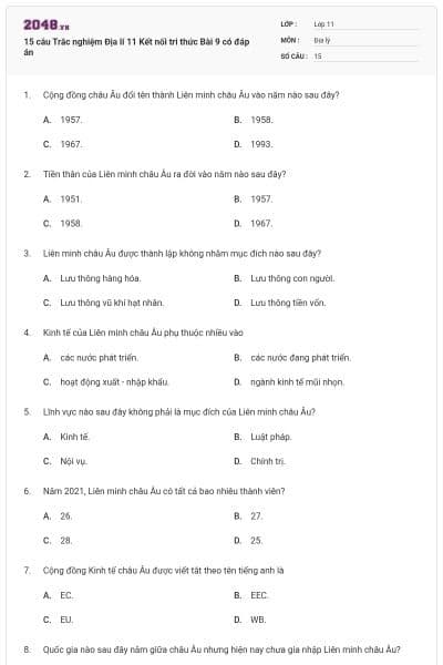 15 câu Trắc nghiệm Địa lí 11 Kết nối tri thức Bài 9 có đáp án
