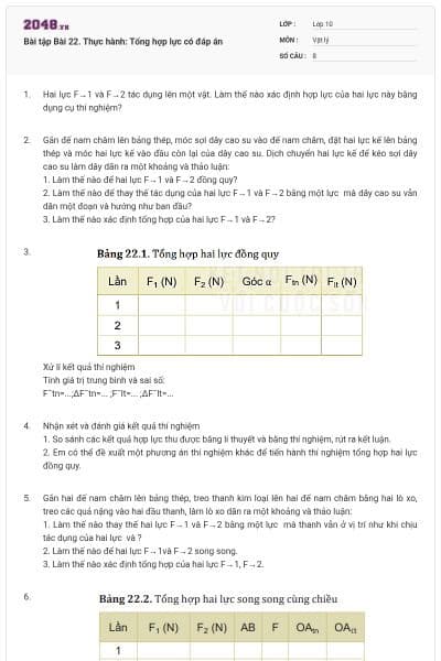 Bài tập Bài 22. Thực hành: Tổng hợp lực có đáp án