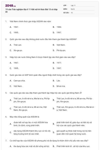 15 câu Trắc nghiệm Địa lí 11 Kết nối tri thức Bài 13 có đáp án