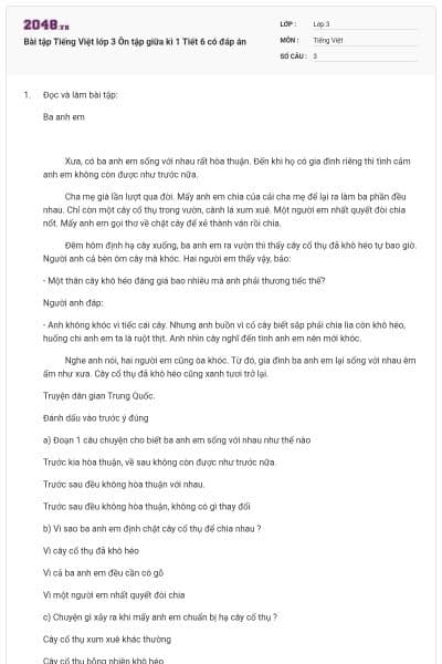 Bài tập Tiếng Việt lớp 3 Ôn tập giữa kì 1 Tiết 6 có đáp án