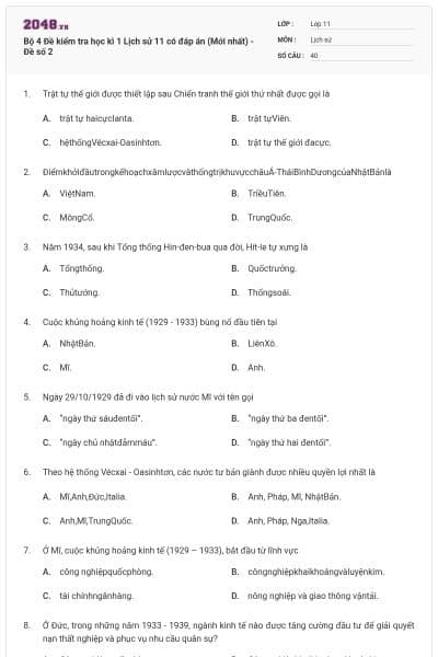Bộ 4 Đề kiểm tra học kì 1 Lịch sử 11 có đáp án (Mới nhất) - Đề số 2