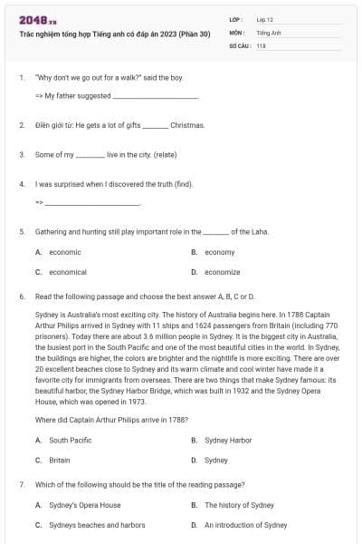 Trắc nghiệm tổng hợp Tiếng anh có đáp án 2023 (Phần 30)
