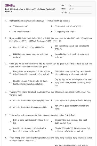 Bộ 4 Đề kiểm tra học kì 1 Lịch sử 11 có đáp án (Mới nhất) - Đề số 3