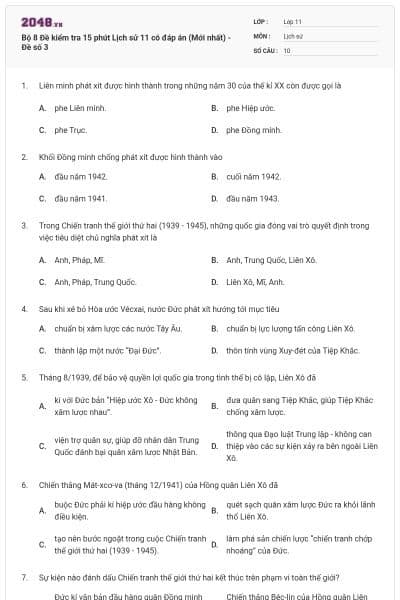 Bộ 8 Đề kiểm tra 15 phút Lịch sử 11 có đáp án (Mới nhất) - Đề số 3
