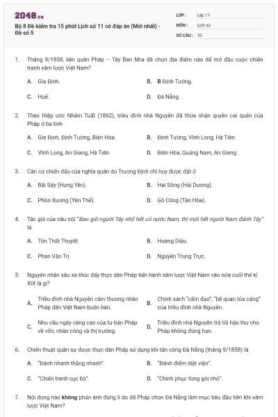 Bộ 8 Đề kiểm tra 15 phút Lịch sử 11 có đáp án (Mới nhất) - Đề số 5