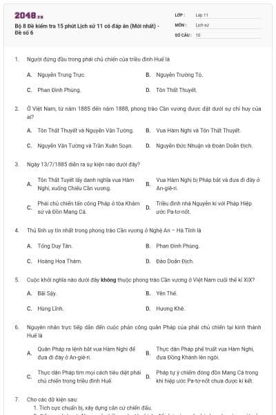 Bộ 8 Đề kiểm tra 15 phút Lịch sử 11 có đáp án (Mới nhất) - Đề số 6