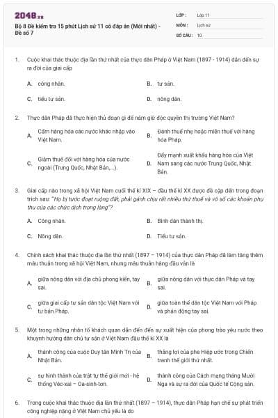 Bộ 8 Đề kiểm tra 15 phút Lịch sử 11 có đáp án (Mới nhất) - Đề số 7