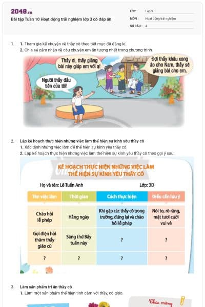 Bài tập Tuần 10 Hoạt động trải nghiệm lớp 3 có đáp án