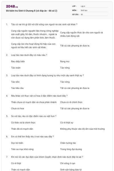 Đề kiểm tra Sinh 6 Chương 8 (có đáp án - Đề số 2)