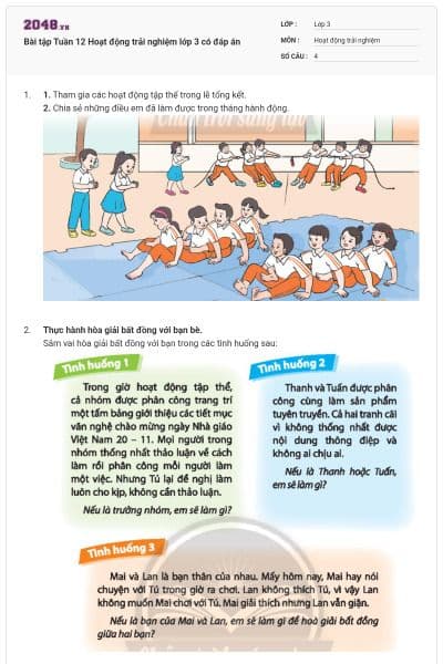 Bài tập Tuần 12 Hoạt động trải nghiệm lớp 3 có đáp án