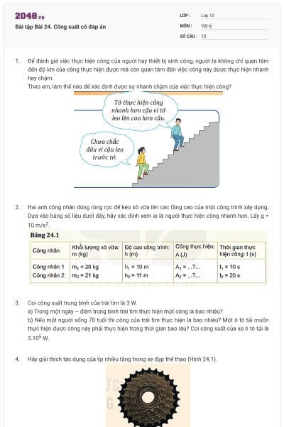 Bài tập Bài 24. Công suất có đáp án