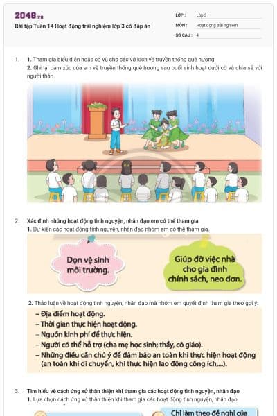 Bài tập Tuần 14 Hoạt động trải nghiệm lớp 3 có đáp án