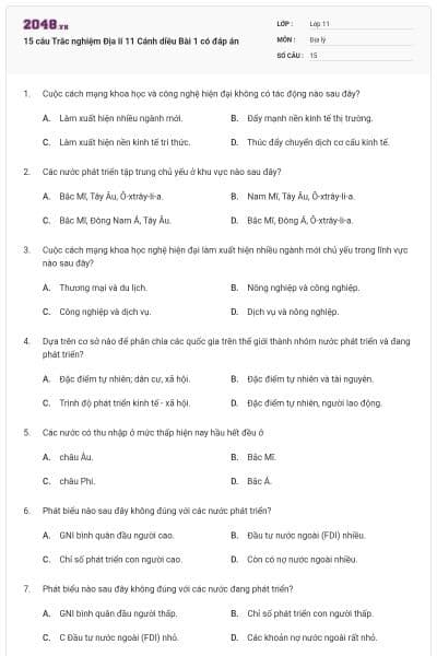 15 câu Trắc nghiệm Địa lí 11 Cánh diều Bài 1 có đáp án