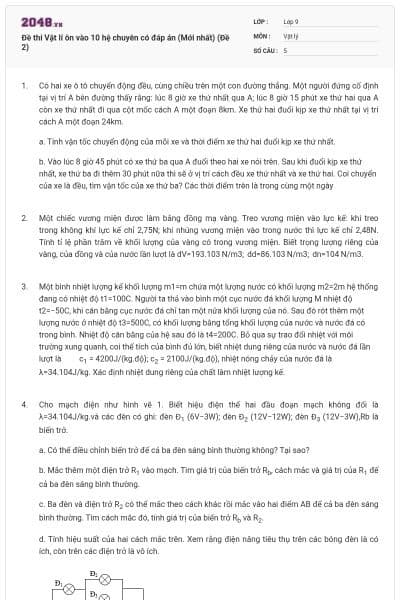 Đề thi Vật lí ôn vào 10 hệ chuyên có đáp án (Mới nhất) (Đề 2)