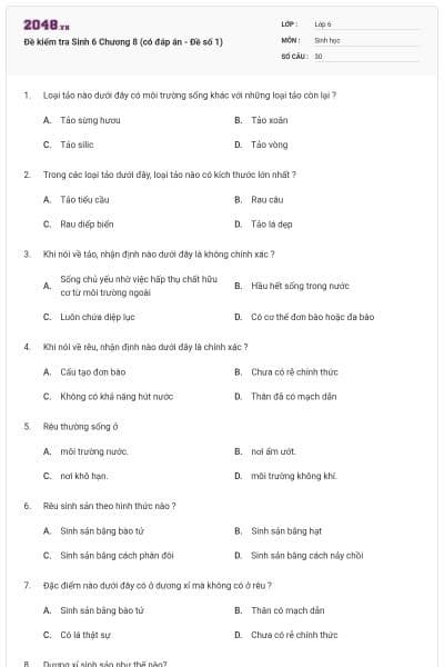 Đề kiểm tra Sinh 6 Chương 8 (có đáp án - Đề số 1)