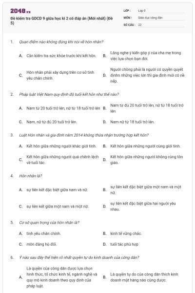 Đề kiểm tra GDCD 9 giữa học kì 2 có đáp án (Mới nhất) (Đề 5)